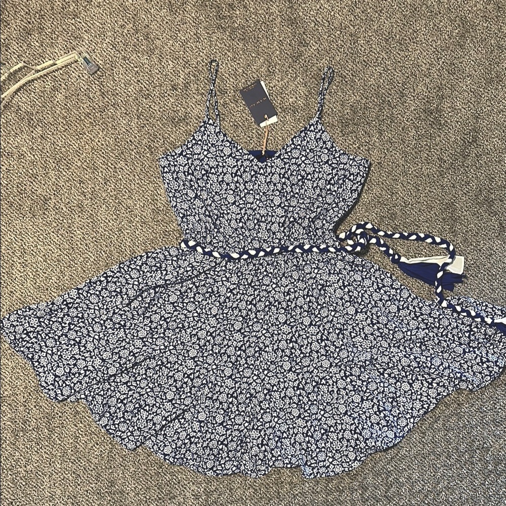 NWT Skies are Blue Floral Blue & White Spaghetti Strap Dress, Size M
